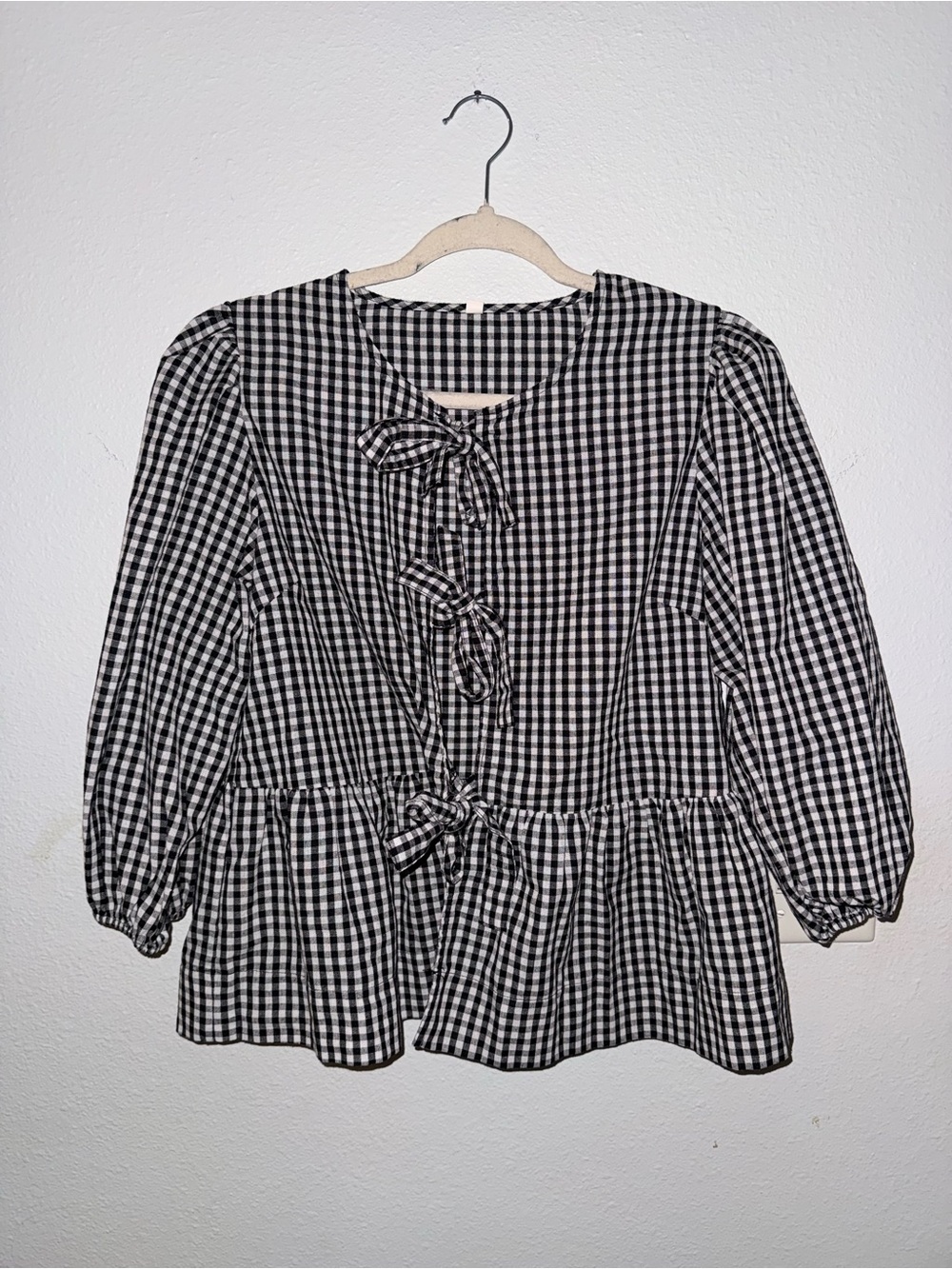 Womens Black and White Gingham Peplum Tie-Front Top